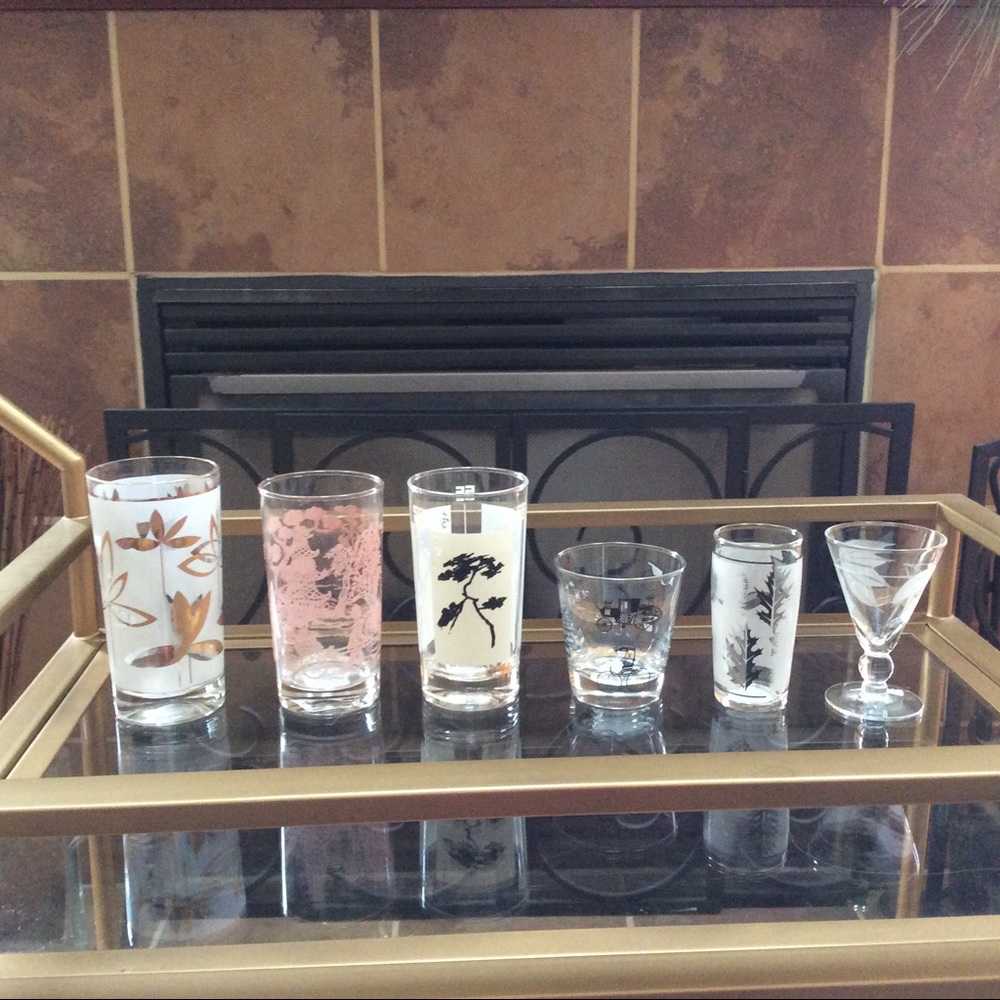 6 Vintage Unique Frosted and Etched Bar Glasses